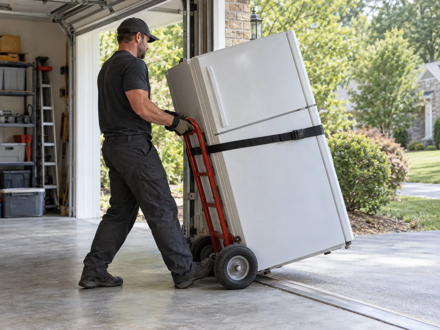 Worker moves a refrigerator on a strapped appliance dolly through a garage