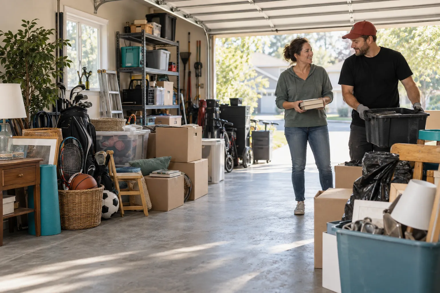 Illustrative scene of a homeowner and worker sorting garage items
