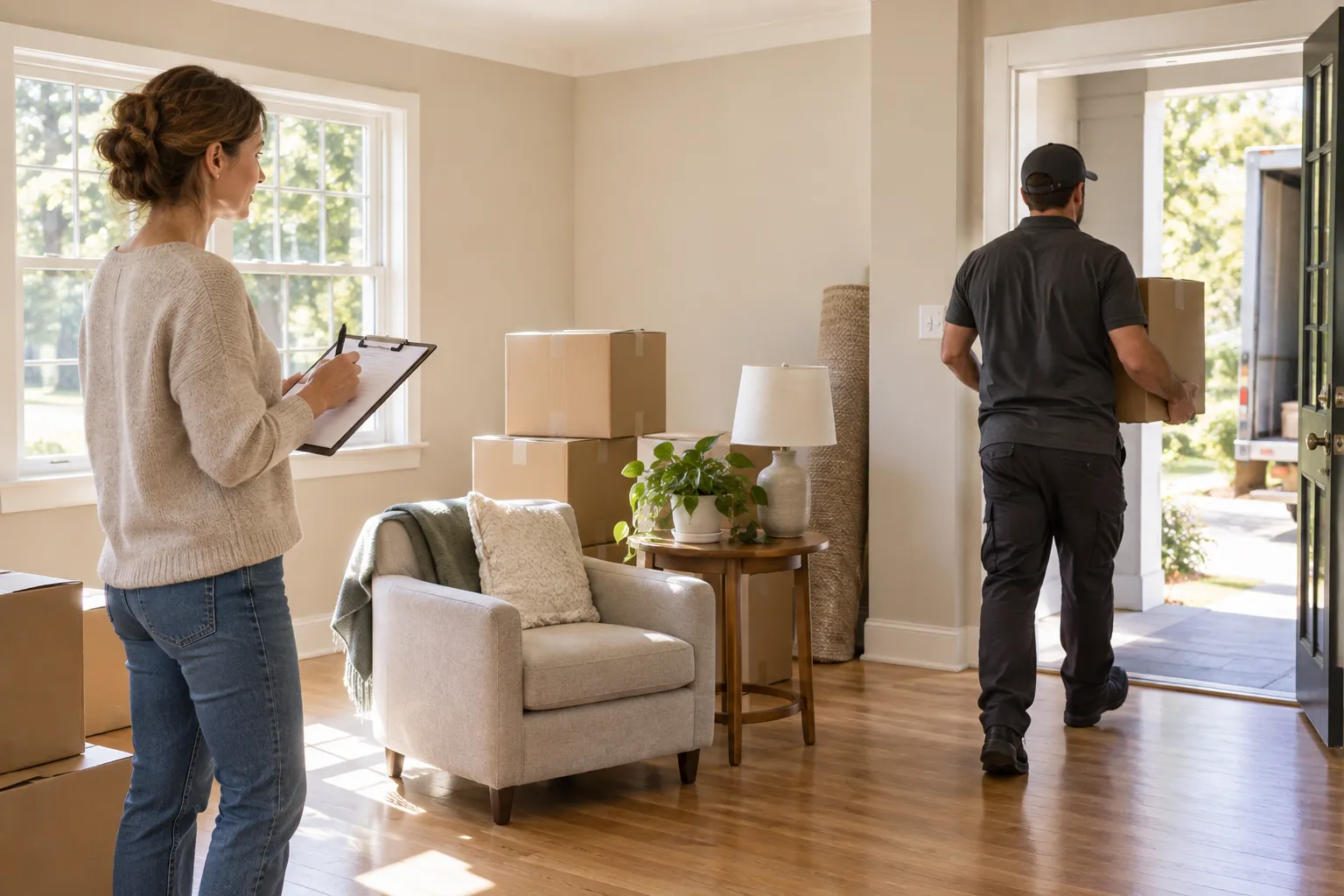 Homeowner checks a list while a worker carries a sealed box through an open door