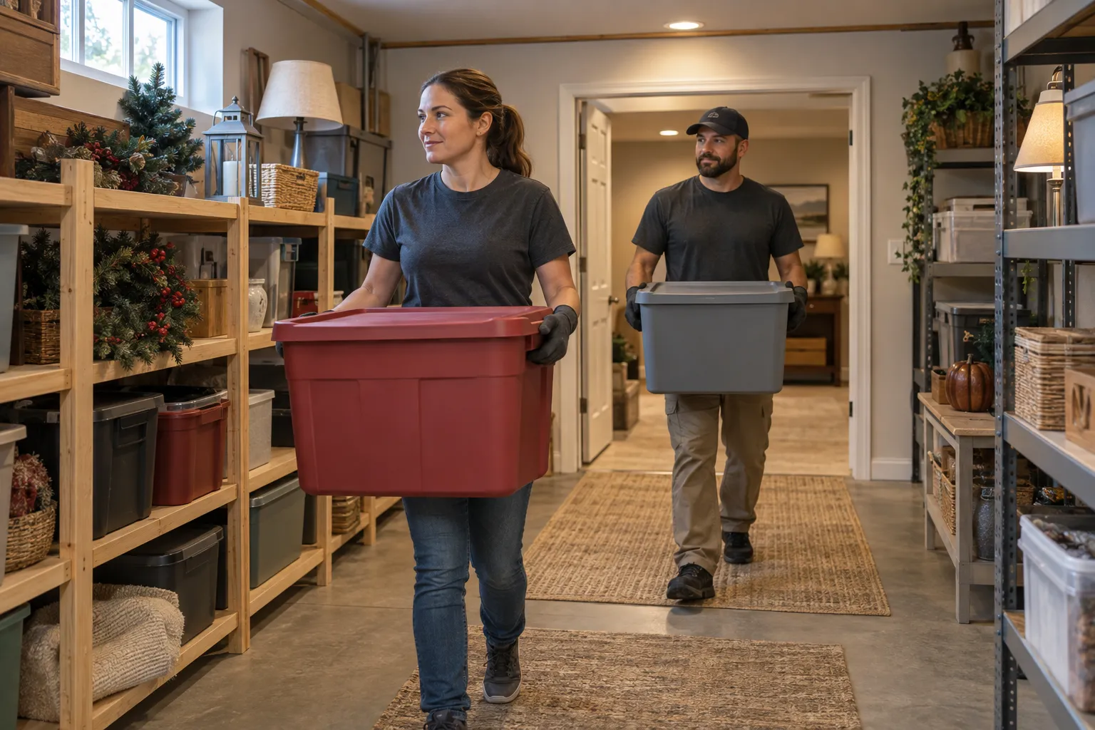 Two workers carry sealed storage bins through a clear basement aisle