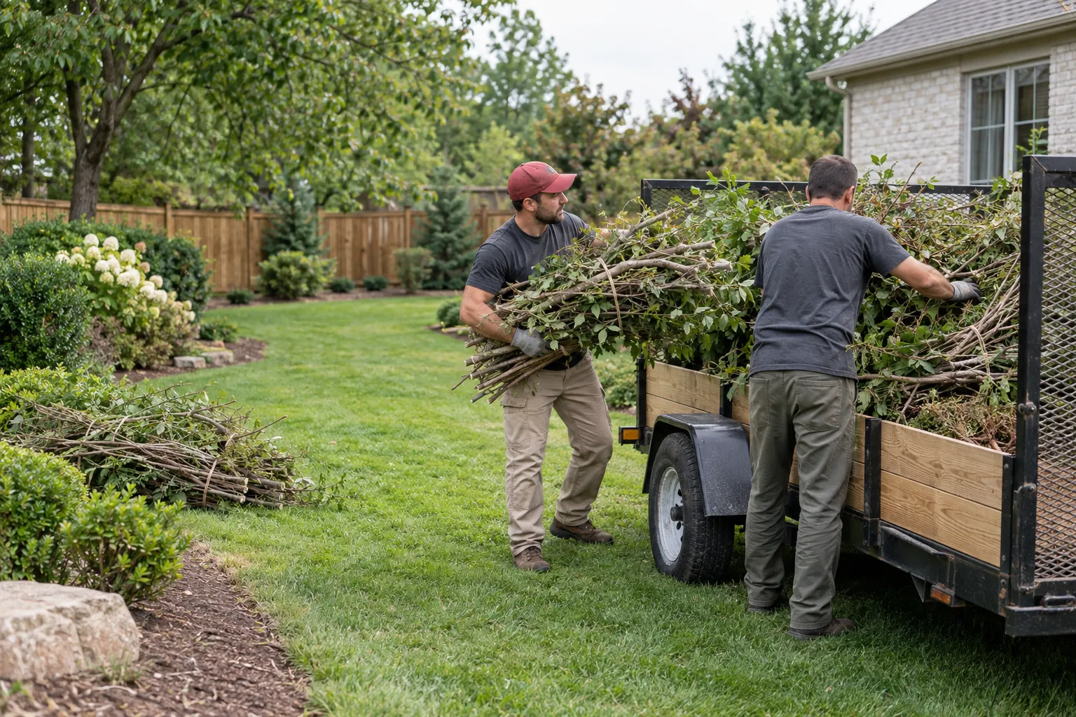 Illustrative scene of workers loading bundled branches into a utility trailer
